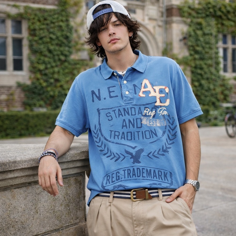 American Eagle Y2K Men's Large Blue‎ Vintage Fit Graphic Polo Tee Shirt Preppy